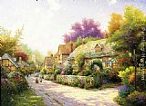Thomas Kinkade Canvas Paintings - Cobblestone Village